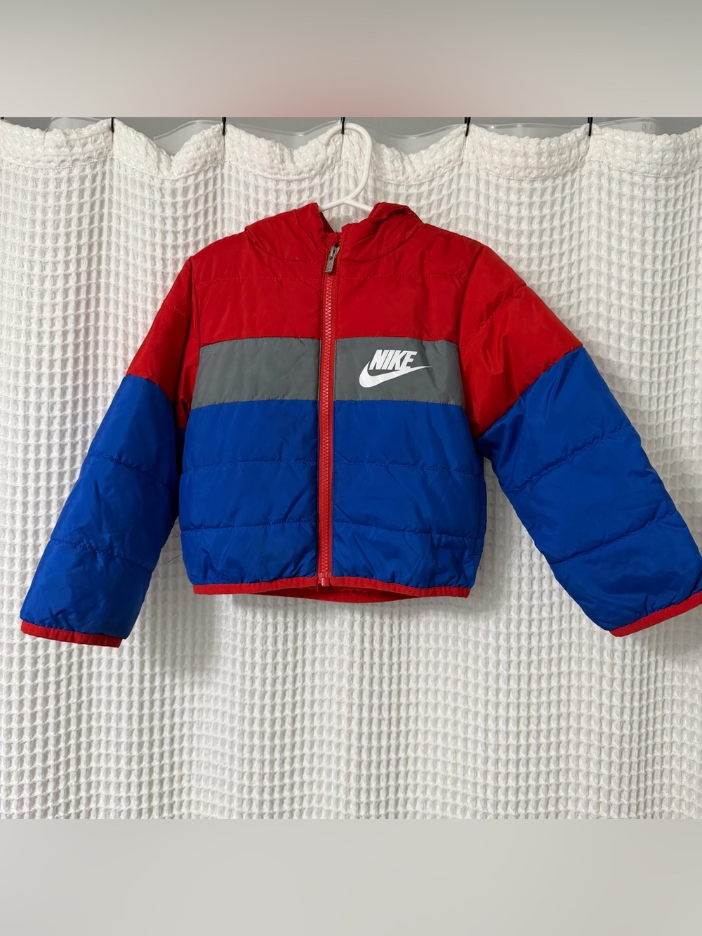 Nike Kids Red, Blue & Gray Colorblock Puffer Jacket with Hood